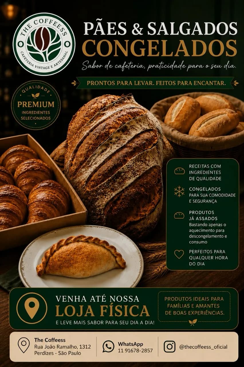Pães e salgados congelados da The Coffeess, prontos para levar para casa